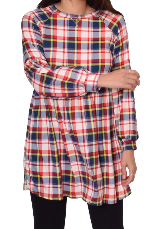 Long Puff Sleeve Plaid Contrast Midi Dress
