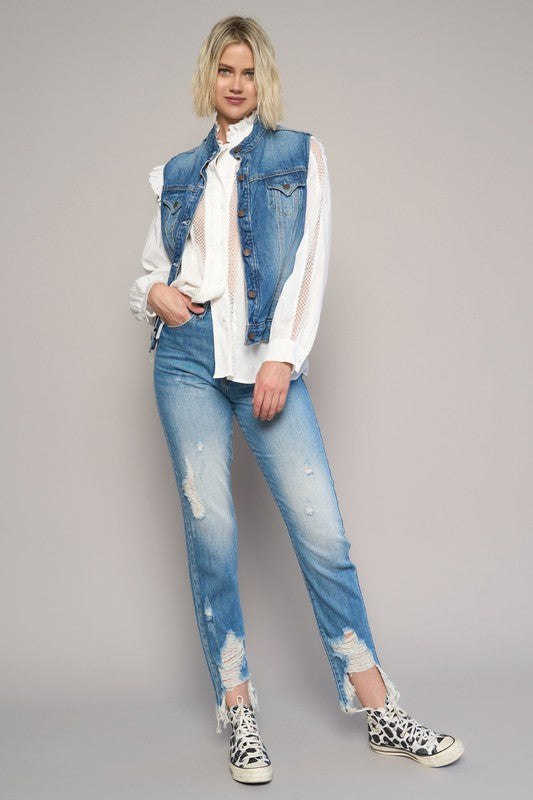 High Waist Destroyed Hem Boyfriend Jeans