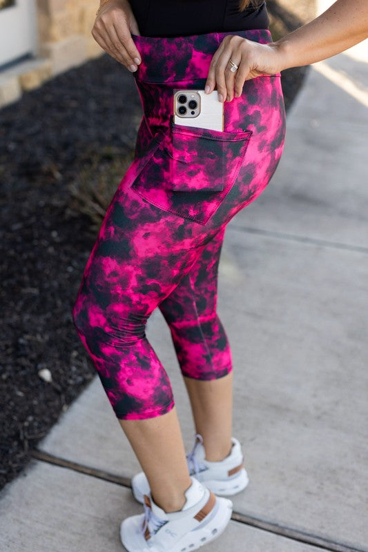 Pink and Black Tie Dye CAPRI with POCKETS