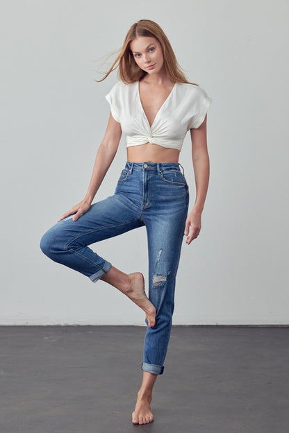 High Rise Ripped Girlfriend Jeans