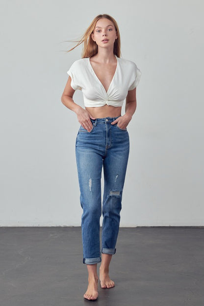 High Rise Ripped Girlfriend Jeans