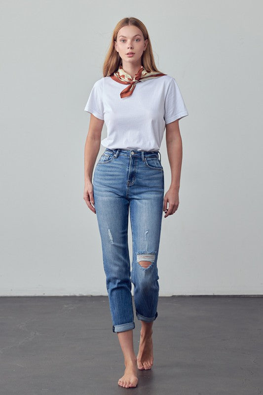 High Rise Ripped Girlfriend Jeans