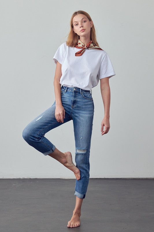High Rise Ripped Girlfriend Jeans