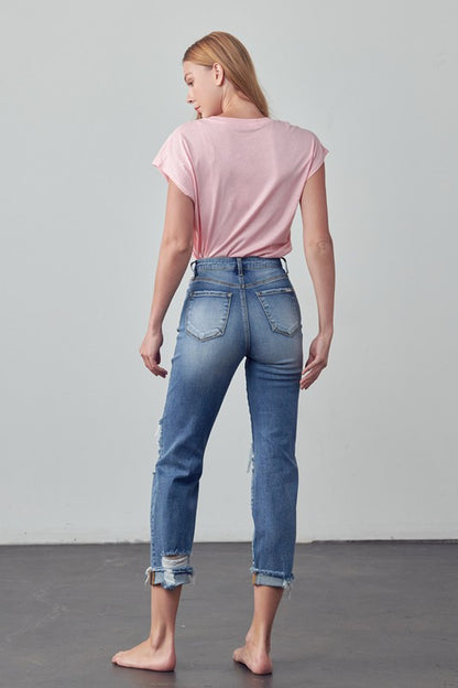 Mid Rise Stretch Raw Hem Ripped Boyfriend Jeans
