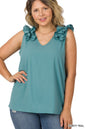 Plus Woven Wool Dobby Ruffle Trim Sleeveless Top
