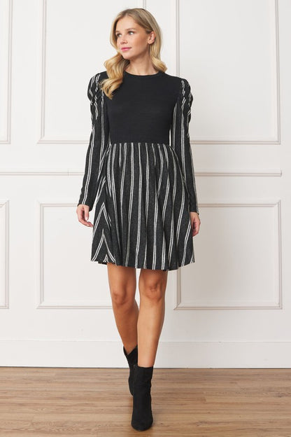 Plus Pinstripe Puff Shoulder Flare Dress