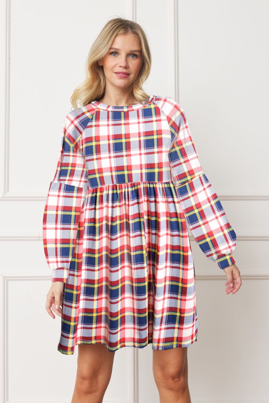 Plus Long Puff Sleeve Plaid Contrast Midi Dress