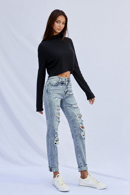 STRETCHED HIGH RISE GIRLFRIEND JEANS