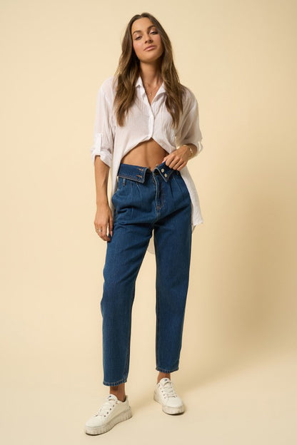 High Rise Flap Waist Relaxed Jeans