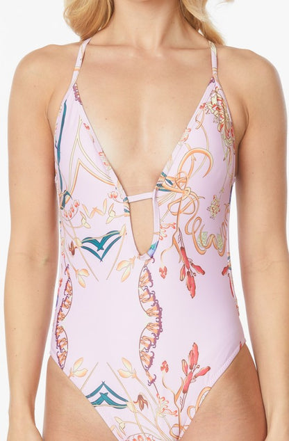 ONE PIECE BATHING SUIT FLORAL PRINT DEEP CUT FRONT