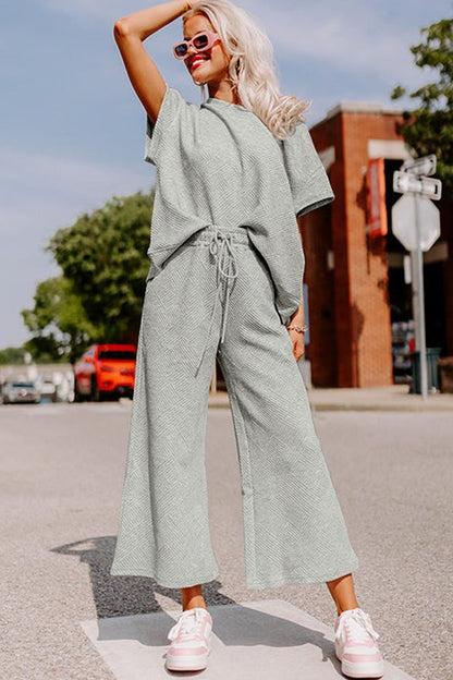 Women Textured T Shirt and Drawstring Pants Set