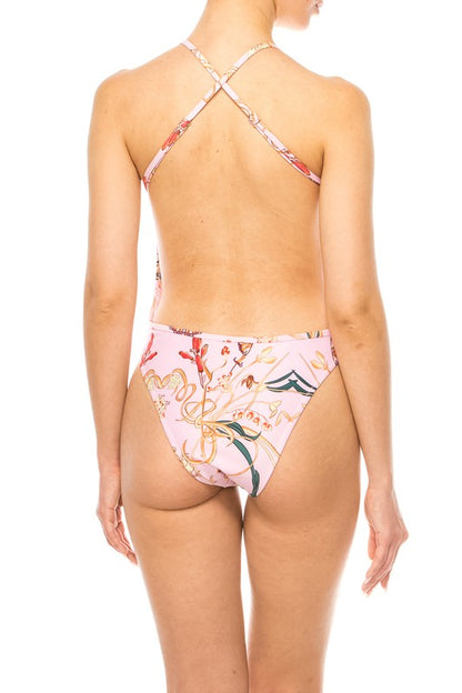ONE PIECE BATHING SUIT FLORAL PRINT DEEP CUT FRONT