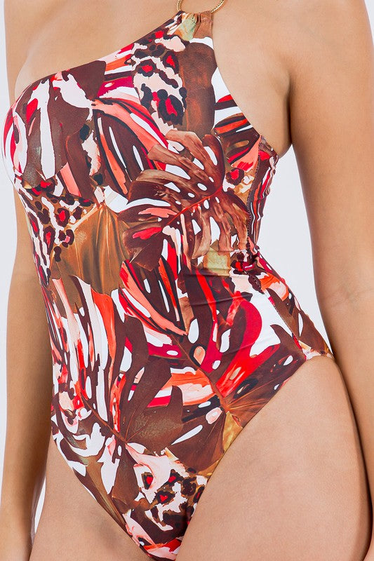 ONE PIECE BATHING SUIT FLORAL PRINT SINGLE SHOULDE