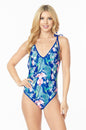 ONE PIECE BATHING SUIT FLORAL PRINT SHOULER TOP TI